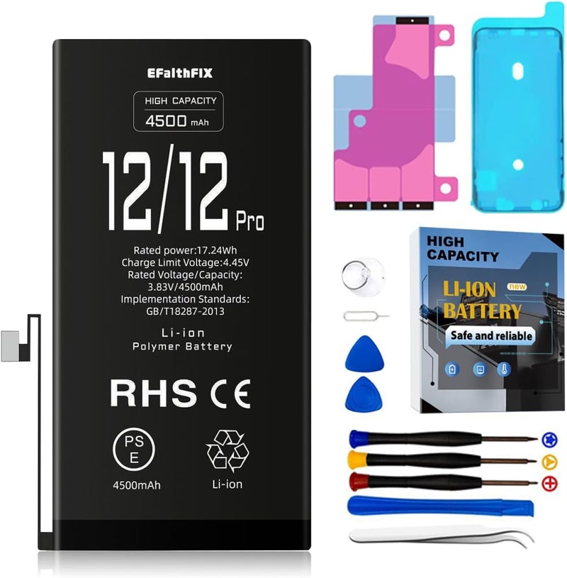 EFAITHFIX 4500mAh Upgraded Replacement Battery Compatible with iPhone 12/12 PRO, High Capacity New 0 Cycle A+ Battery Replacement for iPhone Model A2172 A2402 A2403 A2404 with Complete Repair Tool Kit - Image 1